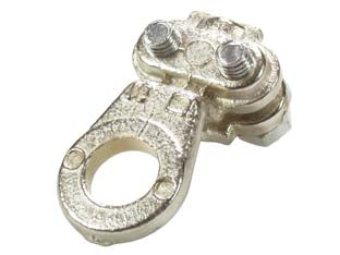 Capocorda con morsetto per seraggio cavo per cavo con sezione mmq.25 - foro ø mm.8 - in ottone nichelato, con morsetto a due bulloni testa esagonale in acciaio zincato
