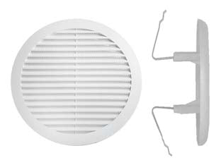 Griglia aerazione tonda con molla in plastica - ø mm.80/125 - in plastica bianca con rete, con molla, UNI EN 13141-2:2010