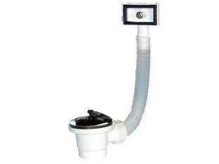 Piletta moplen con tappo maniglia e troppo pieno flessibile - 1'1/2 per lavelli inox e sintetici - corpo in polipropilene, con troppo pieno flessibile con mostrina rettangolare, tappo maniglia in plastica, griglia inox