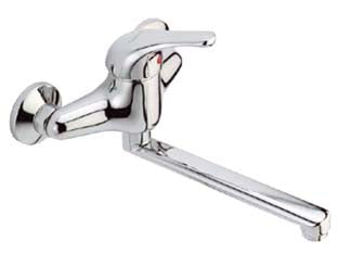 Rubinetto miscelatore lavello a parete serie pagoda - cromato, canna orientabile con aereatore, serie pagoda (peso gr.1330 escluso accessori)