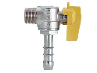 Rubinetto gas maschio 1/2 per metano a squadro con portagomma ø mm.15 - in ottone nichelato, con sfera in acciaio a normativa UNI GIG 9891 per metano ad uso combustibile limiti di temperatura: da -...