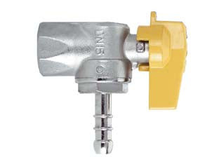 Rubinetto gas femmina 1/2 per gpl a squadro con portagomma ø mm.10 - in ottone nichelato, con sfera in acciaio a normativa UNI GIG 9891 per gpl ad uso combustibile limiti di temperatura: da -20°...