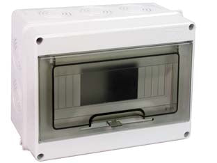 Centralino da parete con sportello fume ip65 serie italia - mm.200x90x160h. per 4/8 moduli - 11W (92.08) - in tecnopolimeri termoresistenti con sportello fumè trasparente a scatto, binario DIN in metallo, piombabile, colore grigio R...