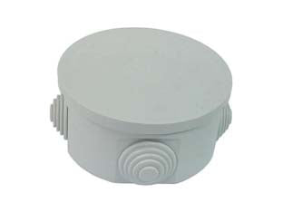 Scatola stagna tonda con coperchio e 4 passacavi ip44 - ø mm.80x40h. (002) - realizzata in tecnopolimeri termoresistenti, ottima resistenza agli agenti atmosferici e chimici, protezione contro la scossa...