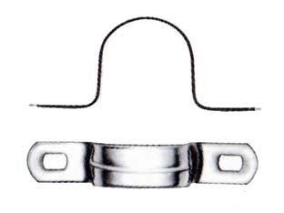 Gaffetta cavallotto a due fori - ø mm.28 - graffetta in acciaio zincato con asole per fissaggio a vite, utilizzo per tubi e cavi, conformi normativa RoHS