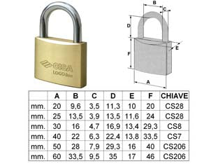 Lucchetto logo ottone arco normale 21010 - mm.30 KA (art.21010300KA) - corpo monoblocco in ottone smerigliato, arco in acciaio carbonitrurato nichelato, dotazione 2 chiavi