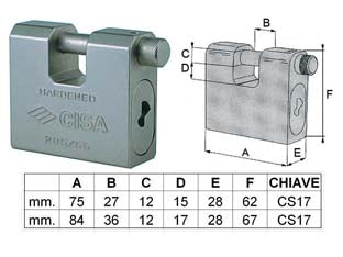 Lucchetto corazzato a una bocca 28550 - mm.75 (art.28550750) - corpo monoblocco in acciaio carbonitrurato con trattamento anticorrosivo di nichelatura chimica, barra in acciaio cementato, ...