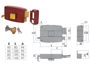 Serratura da portoncino con pomolo interno catenaccio e scrocco 50110 - mm.50 DX (50110501) - scatola e bocchetta in acciaio verniciato, catenaccio 2 mandate con scrocco separato, tirante e pomolo interno in ottone, cil...