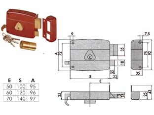 Serratura portoncino catenaccio e scrocco doppio cilindro fisso 50121 - mm.50 SX (50121502) - scatola e bocchetta in acciaio verniciato, catenaccio 2 mandate con cilindro interno e scrocco separato, tirante interno in o...