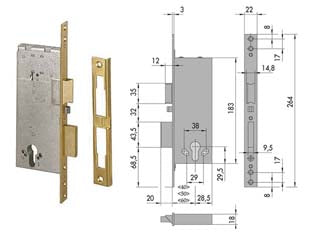 Elettroserratura da infilare a cilindro 12011 - mm.50 (12011500) - scatola in acciaio con rivestimento in zinco, frontale e contropiastra in ottone satinato, 2 mandate, catenaccio con scrocco ...