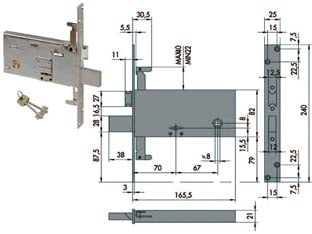 Serratura triplice da infilare per fasce doppia mappa mm.82 h 57318 - mm.70 (57318730) - quadro maniglia, 4 mandate, con catenaccio, scatola e frontale in acciaio con rivestimento in zinco, catenaccio in acciaio ni...