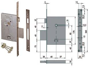 Serratura da infilare doppia mappa con scrocco 57250 - mm.60 (57250600) - quattro mandate, quadro maniglia, con catenaccio e scrocco reversibile, scatola in acciaio con rivestimento in zinco, frontal...