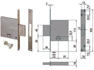 Serratura da infilare doppia mappa 57010 - mm.50 (57010500) - scatola in acciaio con rivestimento in zinco, frontale e contropiastra in acciaio satinato nichelato, catenaccio in acciaio n...