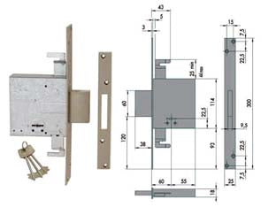 Serratura triplice da infilare doppia mappa 57015 - mm.60 (57015600) - 4 mandate, solo catenaccio, scatola in acciaio con rivestimento in zinco, frontale e contropiastra in acciaio satinato nichel...