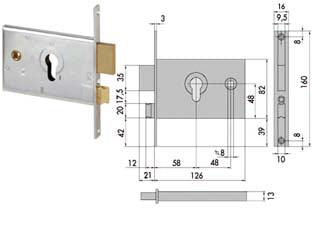 Serratura da infilare per fasce catenaccio e scrocco mm.82 h 44120 - mm.60 (44120600) - scatola e frontale in acciaio con rivestimento in zinco, catenaccio a 2 mandate e scrocco reversibile separato in ottone, con...