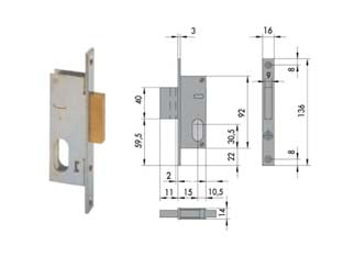 Serratura da infilare per montanti solo catenaccio 44240 - mm.15 (44240150) - scatola e frontale in acciaio con rivestimento in zinco, catenaccio in ottone, 1 mandata, cilindro non compreso