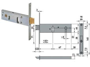 Serratura da infilare per fasce catenaccio e scrocco mm.44 h 44150 - mm.60 1 mandata (44150600) - scatola e frontale in acciaio con rivestimento in zinco, catenaccio con scrocco incorporato in ottone, con quadro maniglia da...