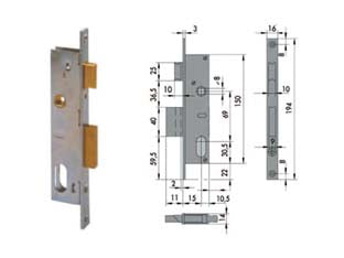 Serratura da infilare per montanti catenaccio e scrocco 1 mand. 44220 - mm.15 (44220150) - scatola e frontale in acciaio con rivestimento in zinco, catenaccio e scrocco in ottone reversibile, 1 mandata, quadro manigl...