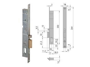 Elettroserratura da infilare per montanti 14020 - mm.15 DX (14020151) - scatola e frontale in acciaio con rivestimento in zinco, scrocco autobloccante in ottone, cilindro non compreso, tensione 12...
