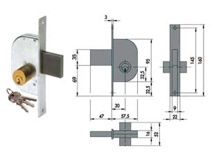 Serratura da infilare per cancelli solo catenaccio 42120 - mm.30 (42120300) - scatola e frontale in acciaio con rivestimento in zinco, solo catenaccio a 1 mandata in acciaio, con cilindro tondo con 3 chi...