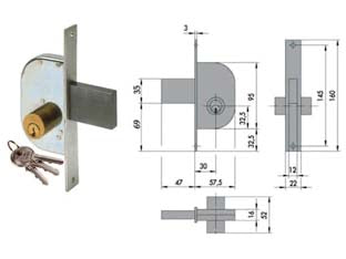 Serratura da infilare per cancelli solo scrocco 42110 - mm.30 (42110300) - scatola e frontale in acciaio con rivestimento in zinco, catenaccio solo scrocco in acciaio, con cilindro tondo con 3 chiavi