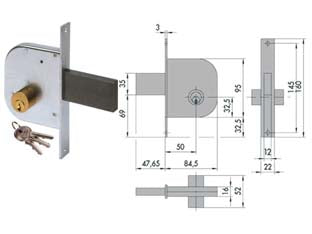 Serratura da infilare per cancelli catenaccio e scrocco 42010 - mm.50 (42010500) - scatola e frontale in acciaio con rivestimento in zinco, catenaccio con scrocco incorporato a 1 mandata in acciaio, con cilin...