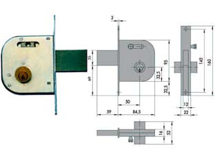 Serratura infilare per cancelli catenaccio e scrocco con nottol. 42030 - mm.50 DX/SX reversibile (42030500) - scatola e frontale in acciaio con rivestimento in zinco, catenaccio con scrocco incorporato a 1 mandata in acciaio, con cilin...