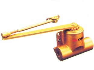 Chiudiporta aerei senza arresto serie 601/t n°2 x porte da cm.83 con peso di kg.45 (60140020) - corpo monoblocco in ghisa, colore oro, braccio in acciaio senza arresto, valvola di regolazione della velocità di chiusura