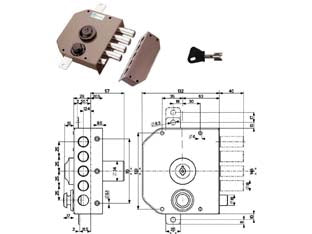 Serratura triplice da applicare con scrocco a pompa 30630 - mm.60 SX cilindro ø mm.34 (30630VS60X) - 4 mandate, scatola in acciaio verniciato, catenacci e scrocco a pistoni in acciaio cromato, tirante interno, dotazione 1 most...