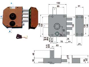 Serratura quintuplice da applicare con scrocco a pompa 30650 - mm.60 DX cilindro ø mm.30 (30650VD60JE) - 4 mandate, scatola in acciaio verniciato, catenacci e scrocco a pistoni in acciaio cromato, tirante interno, dotazione 1 most...
