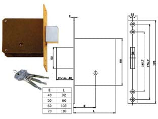 Serratura da infilare 1301 - mm.60 (13010060) - scatola in acciaio verniciato, frontale in ottone satinato verniciato, catenaccio in acciaio cromato a 3 mandate, controbordo...