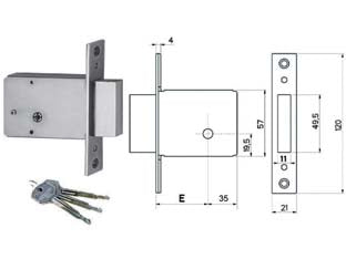 Serratura da infilare 15001 - mm.60 (15010060) - scatola in acciaio tropicalizzato, catenaccio in acciaio cromato a 1 mandata, frontale controbordo e 2 copritoppa in acciaio ...