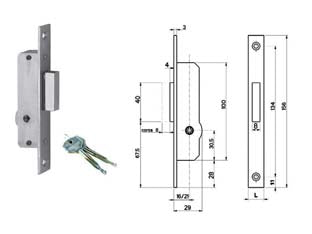 Serratura da infilare per montanti solo catenaccio 9031416 - mm.16 (9031416) - scatola in acciaio zincato, frontale controbordo e catenaccio in acciaio nichelato, frontale mm.16, 1 mandata, 2 copritoppa i...