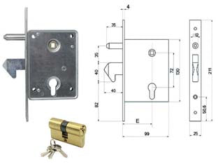 Serratura per cancelli scorrevoli a gancio sporgente e perno 7700400 - mm.50 (7700400) - scatola in acciaio tropicalizzato, frontale e controbordo in acciaio tropicalizzato, catenaccio a 1 mandata e mezzo giro, qua...