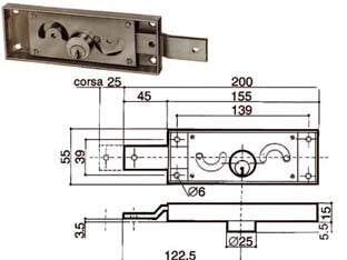 Serratura serranda laterale cilindro fisso tondo - SX (6412.000) - per serranda, scatola in acciaio zincato, catenacci piegati, funzionamento ad ingranaggio, movimentazione con chiave, sia int...