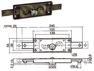 Serratura serranda centrale cilindro fisso tondo 6211 - (6211.000) - per serranda, scatola in acciaio zincato, catenacci diritti, funzionamento ad ingranaggio, movimentazione con chiave, sia int...
