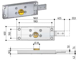 Serratura serranda laterale cilindro fisso doppia mappa - SX (8633.401) - per serranda, scatola in acciaio zincato, catenacci piegati e rinforzati, a 5 gorges in acciaio zincato, movimentazione con c...