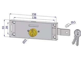 Serratura per serranda laterale cilindro fisso tondo - DX/SX accoppiate KA (2285XZB4508XX3) - scatola acciaio zincato, cilindro in ottone, catenaccio movimentato da chiave, 2 mandate, in dotazione 3 chiavi