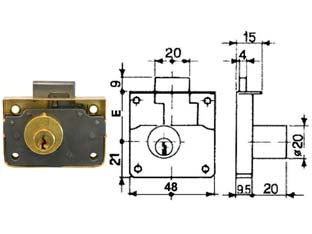Serratura da applicare 1/2 scatola con cilindro una mandata - mm.20 - bordo in acciaio ottonato, cilindro in ottone ø mm.20, catenaccio in acciaio nichelato, dotazione 2 chiavi con impugnatura in...