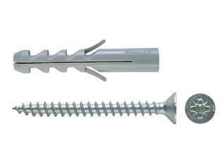 Tassello in nylon con vite s-v - ø mm.5x25 vite mm.4x30 - fornito con vite per truciolare in acciaio zincocromato con testa svasata piana e l’impronta pozidrive
