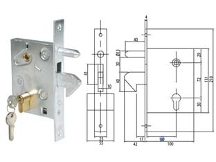 Serratura infilare per cancello a gancio sporgente e perno 447 - mm.60 (447) - scatola frontale e contropiastra in acciaio zincato, catenaccio a 1 mandata e mezzo giro, quadro maniglia mm.8 con cilindro s...