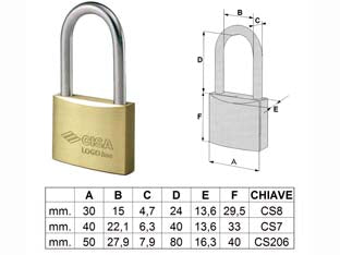 Lucchetto logo ottone arco lungo 21011 - mm.40 (art.21011400) - corpo monoblocco in ottone smerigliato, arco in acciaio carbonitrurato nichelato, dotazione 2 chiavi