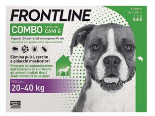 Frontline combo per cani grandi - in confezione da 3 pipette - per cani da Kg.20 a Kg.40, è una soluzione insetticida e acaricida in forma spot-on per cani, grazie alla combinazione dei su...