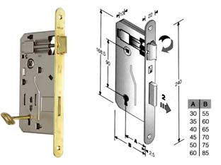 Serratura a bussola da infilare bordo tondo ottonato - mm.35 bordo acciaio ottonato - scatola in acciaio lucido, quadro maniglia mm.8 dotazione 1 chiave, interasse mm.90, frontale bordo tondo