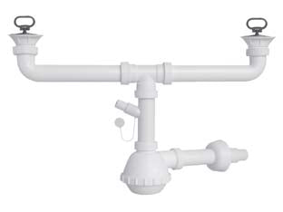 Sifone moplen a fiasco 2 vie con scarico e pilette - 1'1/2 per lavello ceramica - in polipropilene, con scarico lavatrice, lavastoviglie, tubo di scarico ø mm..40/32, fornito con pilette gattinara ø mm.80/5...