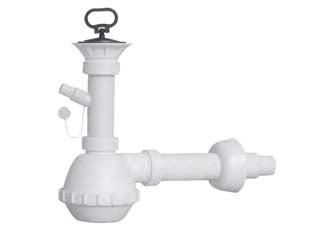 Sifone moplen a fiasco 1 via con scarico e piletta - 1'1/2 per lavello ceramica - in polipropilene, con scarico lavatrice, lavastoviglie, tubo di scarico ø mm..32/40, fornito con piletta gattinara ø mm.80/5...