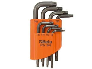 Chiavi maschio torx piegate cromate art.97tx/s6 - in serie da pz.8 con supporto, T9-T10 -T15-T20-T25-T27-T30-T40