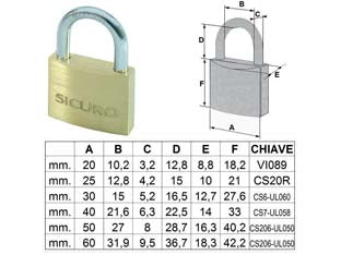 Lucchetto tipo pesante ottone arco normale - mm.30 - corpo in ottone lucido, arco in acciaio temperato cromato, dotazione 3 chiavi