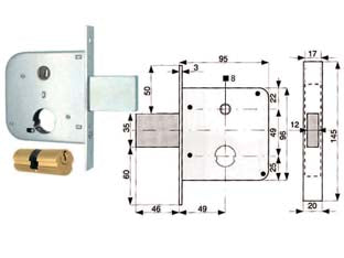 Serratura infilare cancelli catenaccio e scr. + quadro cil. tondo 134 - mm.50 (134 50 0) - scatola e frontale in acciaio zincato, catenaccio con scrocco incorporato in acciaio a 1 mandata, quadro maniglia passante, c...