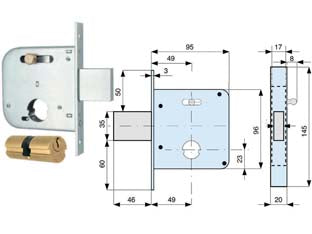 Serratura infil. cancelli catenaccio e scr. c/nottolino cil. tondo 139 - mm.50 (139 50 0) - scatola e frontale in acciaio zincato, catenaccio con scrocco incorporato e pomolino in acciaio a 2 mandate, con cilindro ton...